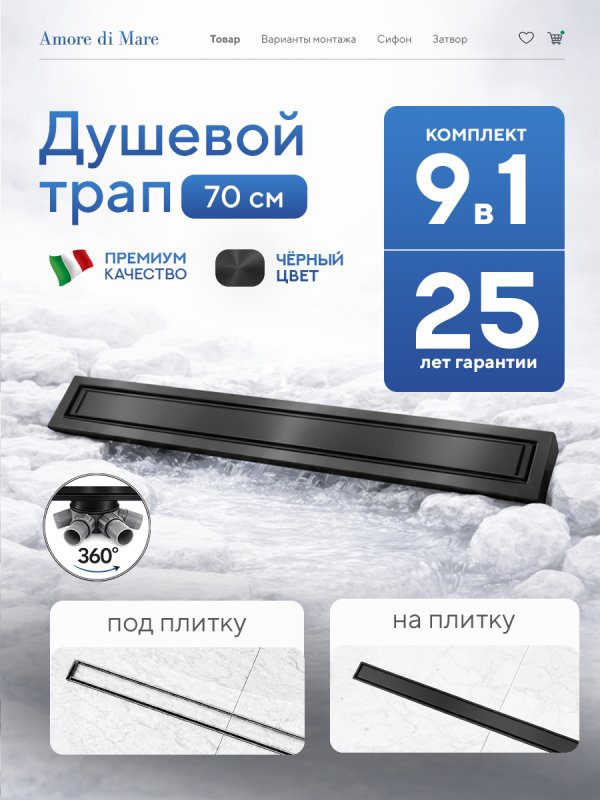 Душевой трап Amore di Mare Verso Black SD-70B 	700мм*70мм  черный